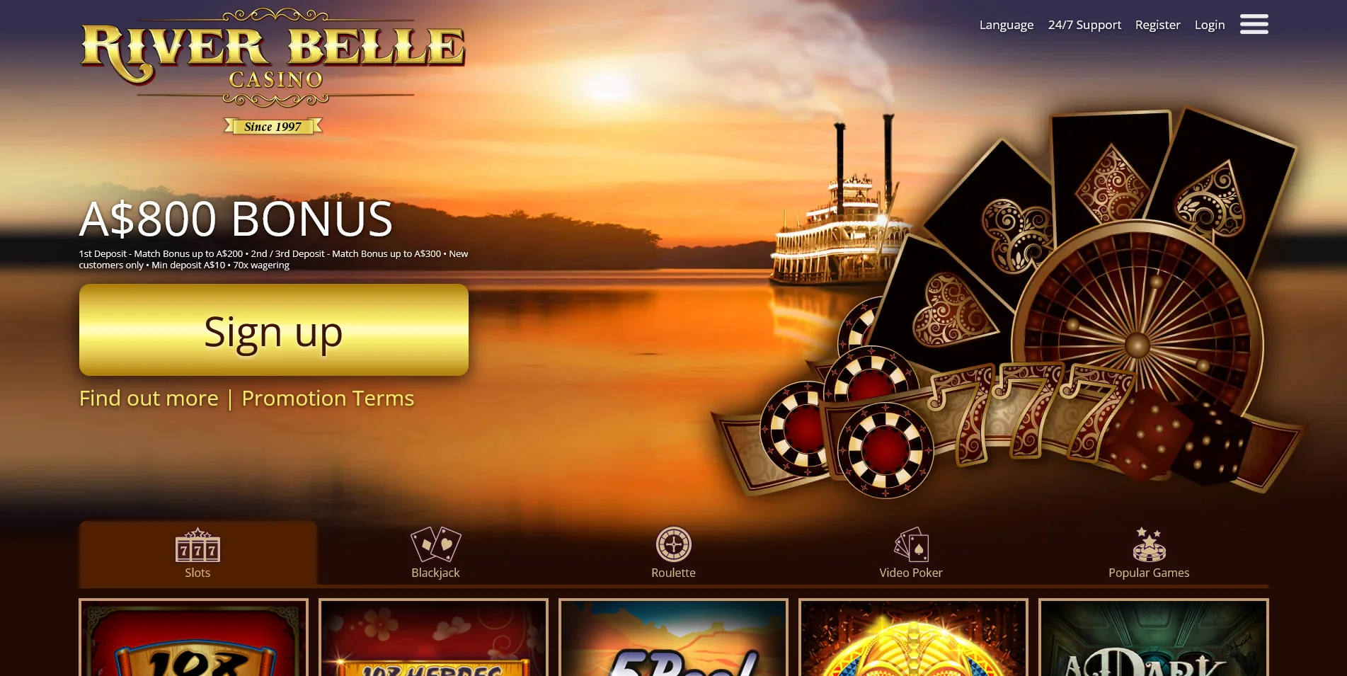 Visual Overview of the River Belle Casino Homepage