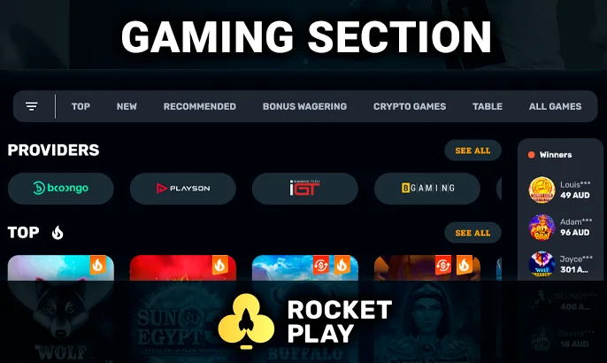 Game categories and providers at RocketPlay Casino – Gaming section