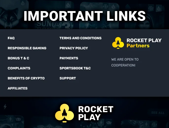 Essential links at the base of the RocketPlay Casino website