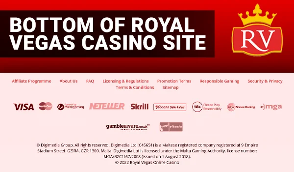 Website Base: Critical Links and Payment Symbols at Royal Vegas Casino
