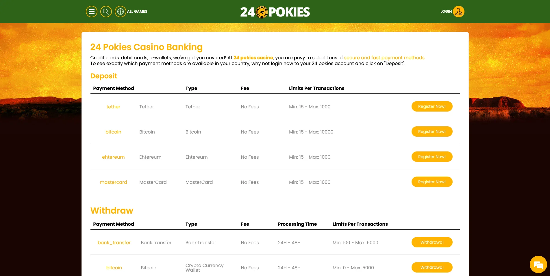 Banking page screenshot on the 24 Pokies Casino website