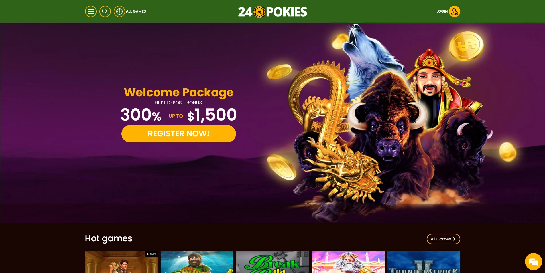 Capture of the homepage of 24 Pokies Casino's website