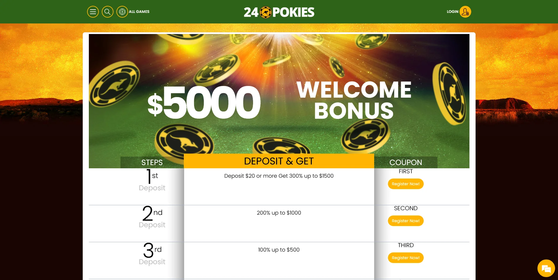 Visual of the Promotions and Bonuses page at 24 Pokies Casino's site