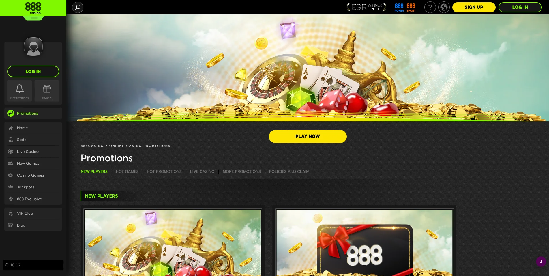 A snapshot of the 888 Casino's Promotions pages