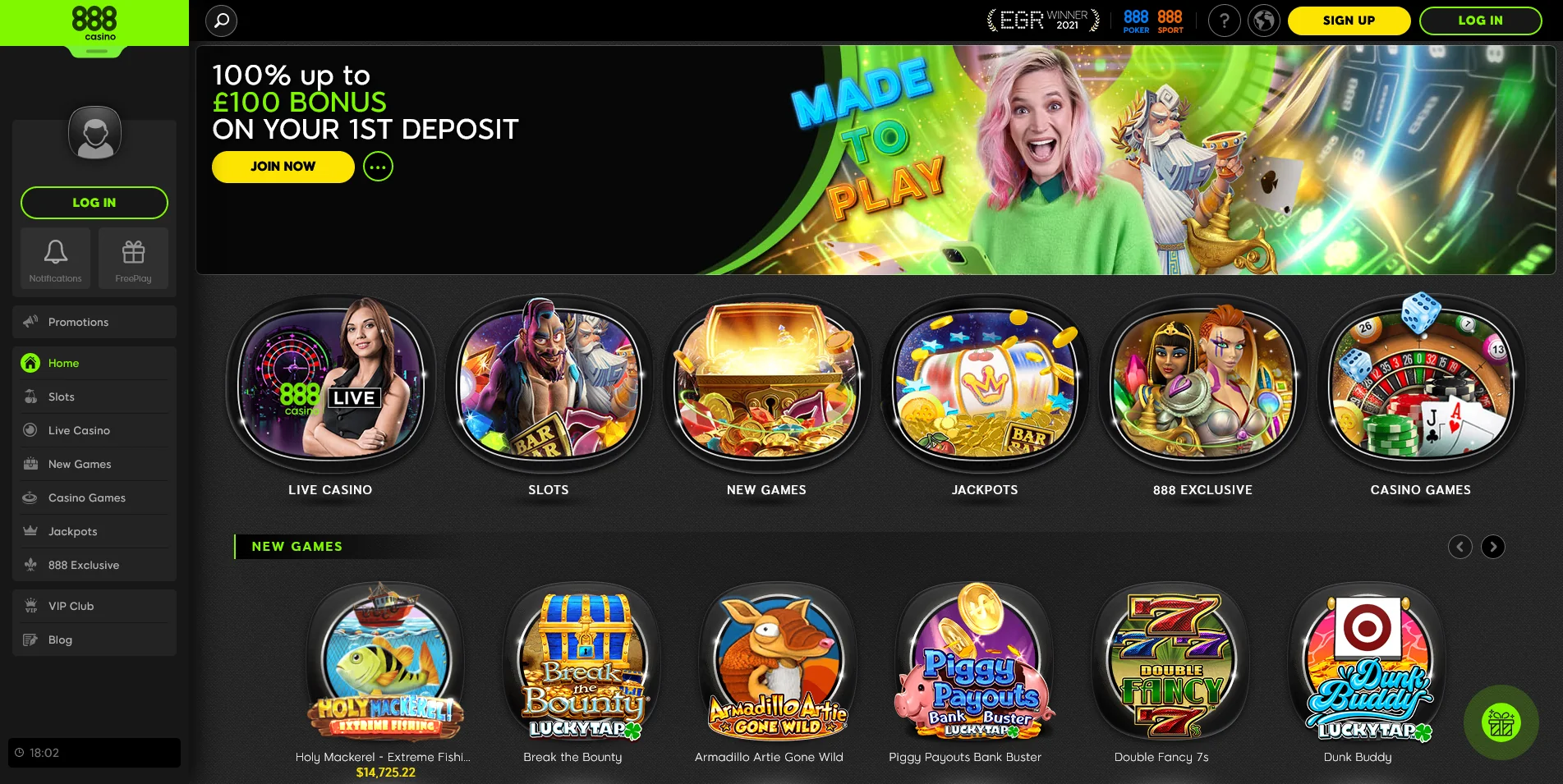 A peek at the 888 Casino's Games Category pages