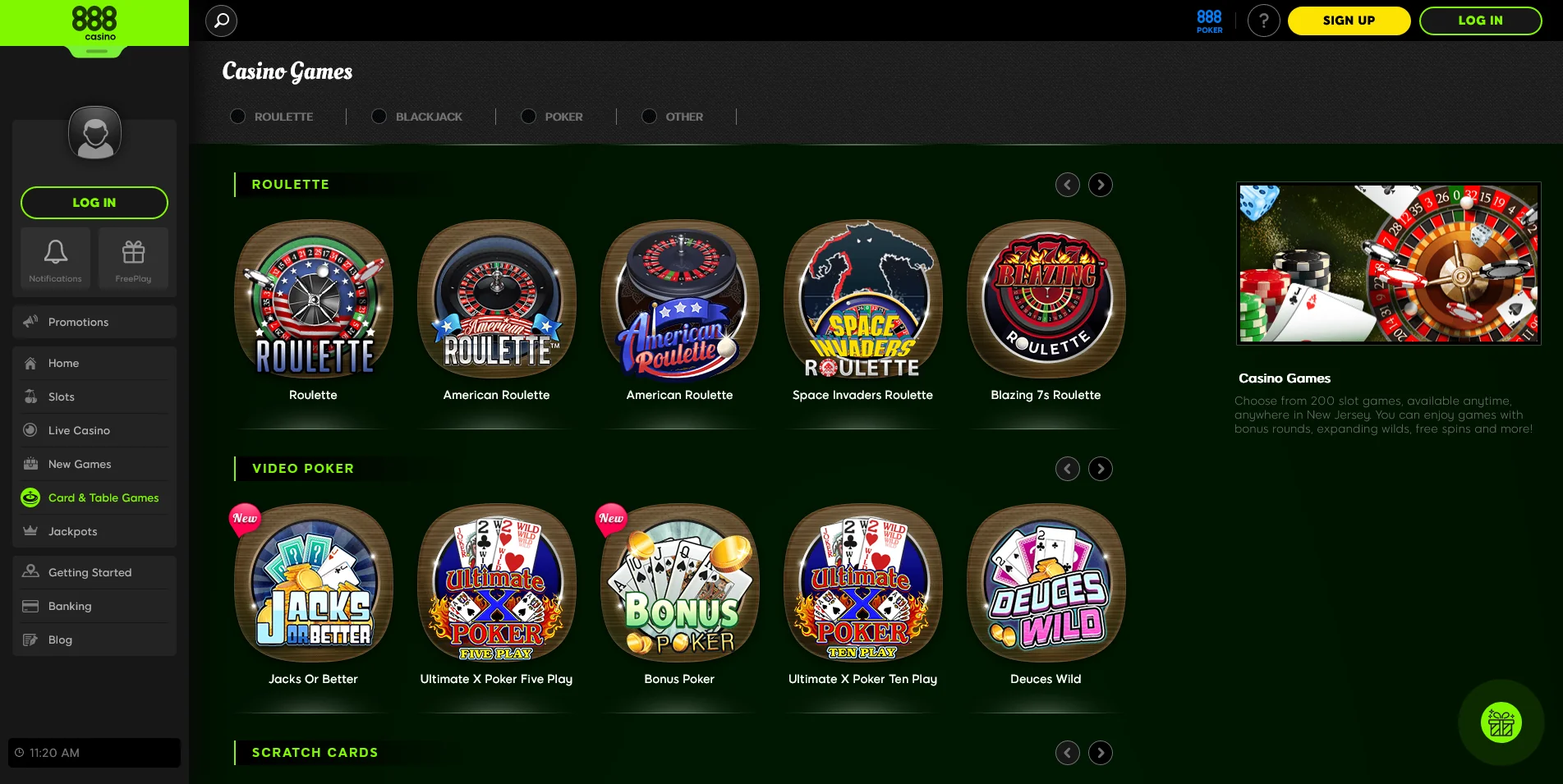 A glimpse into the 888 Casino's Live Games Category pages