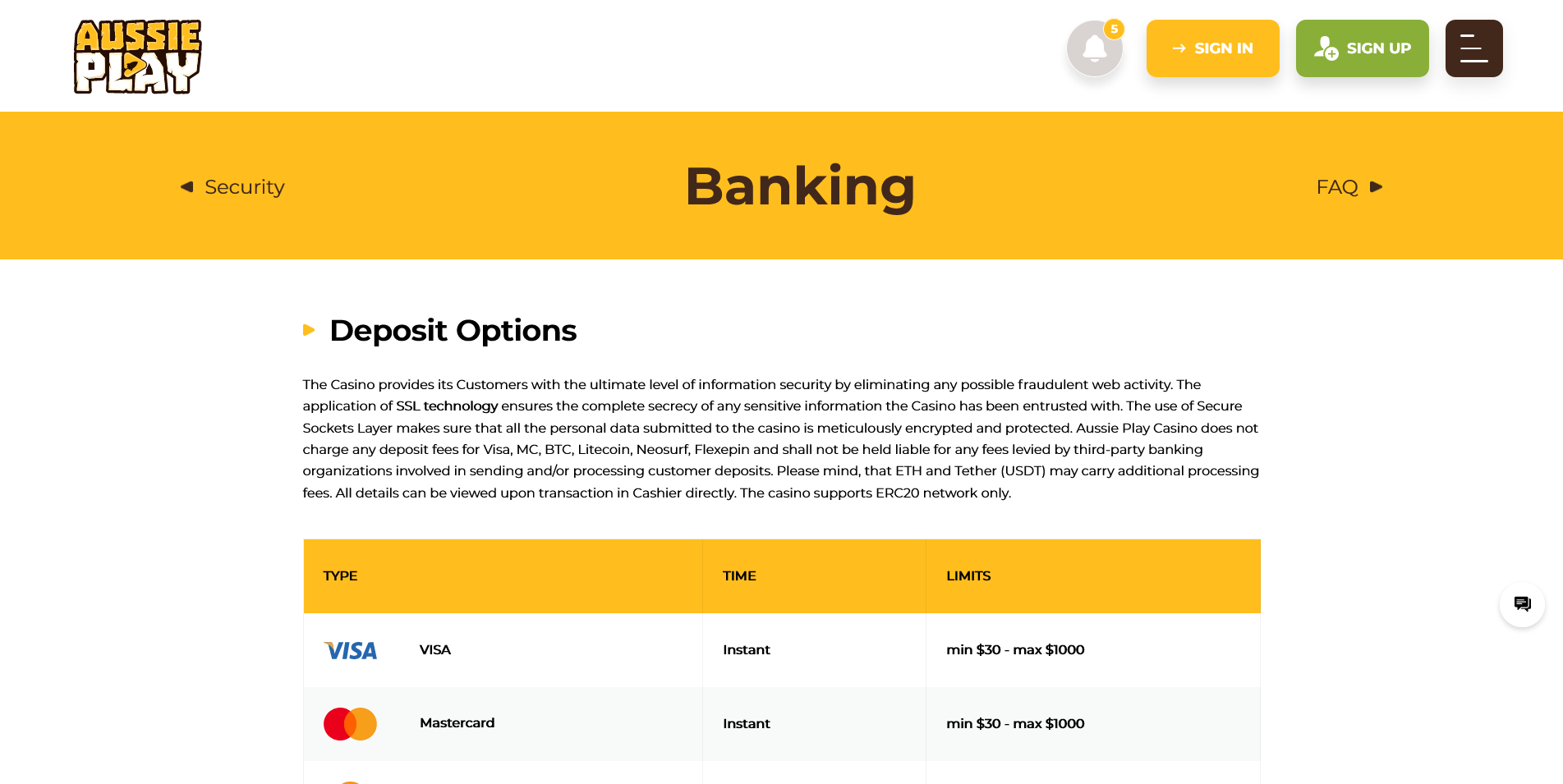 Detailed look at the Banking information page at Aussie Play Casino