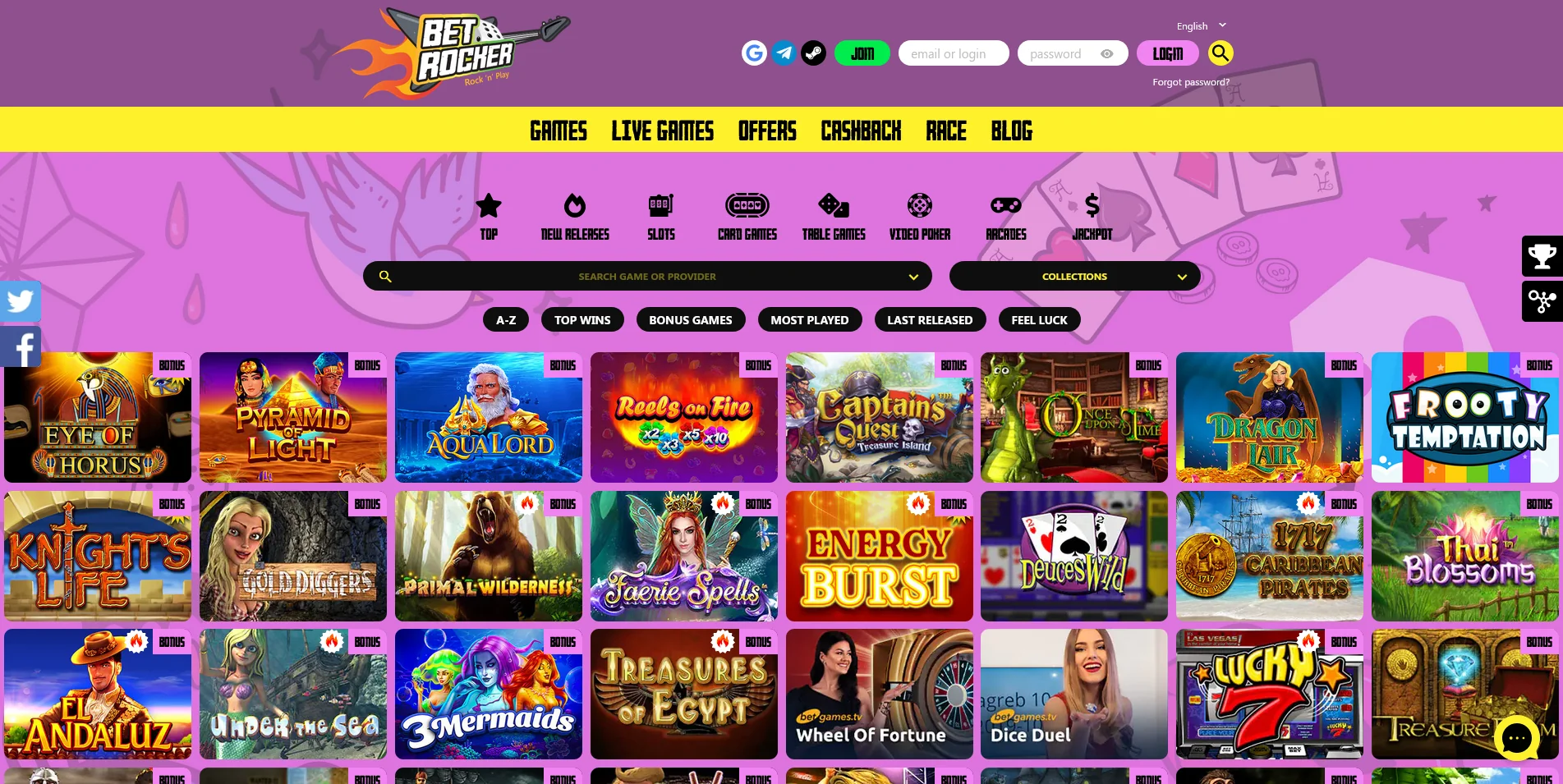 Snapshot of the real money game section at Betrocker Casino