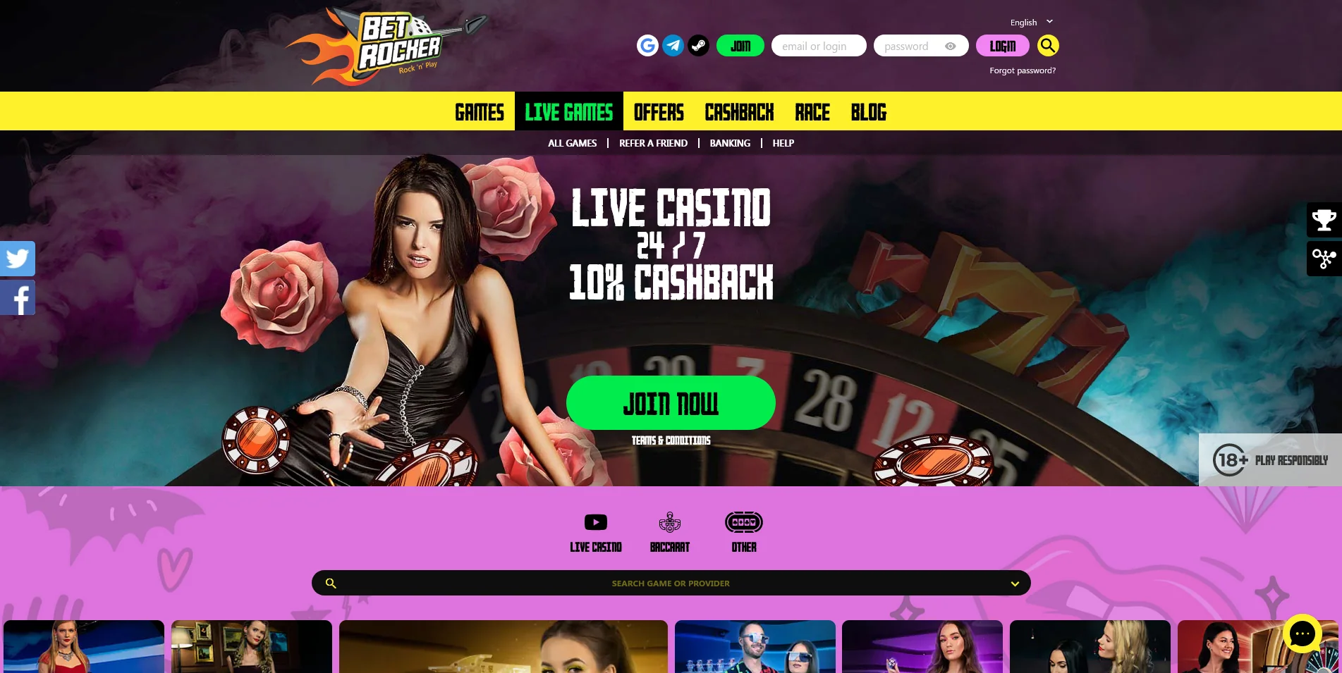 Look into the live casino games at Betrocker Casino