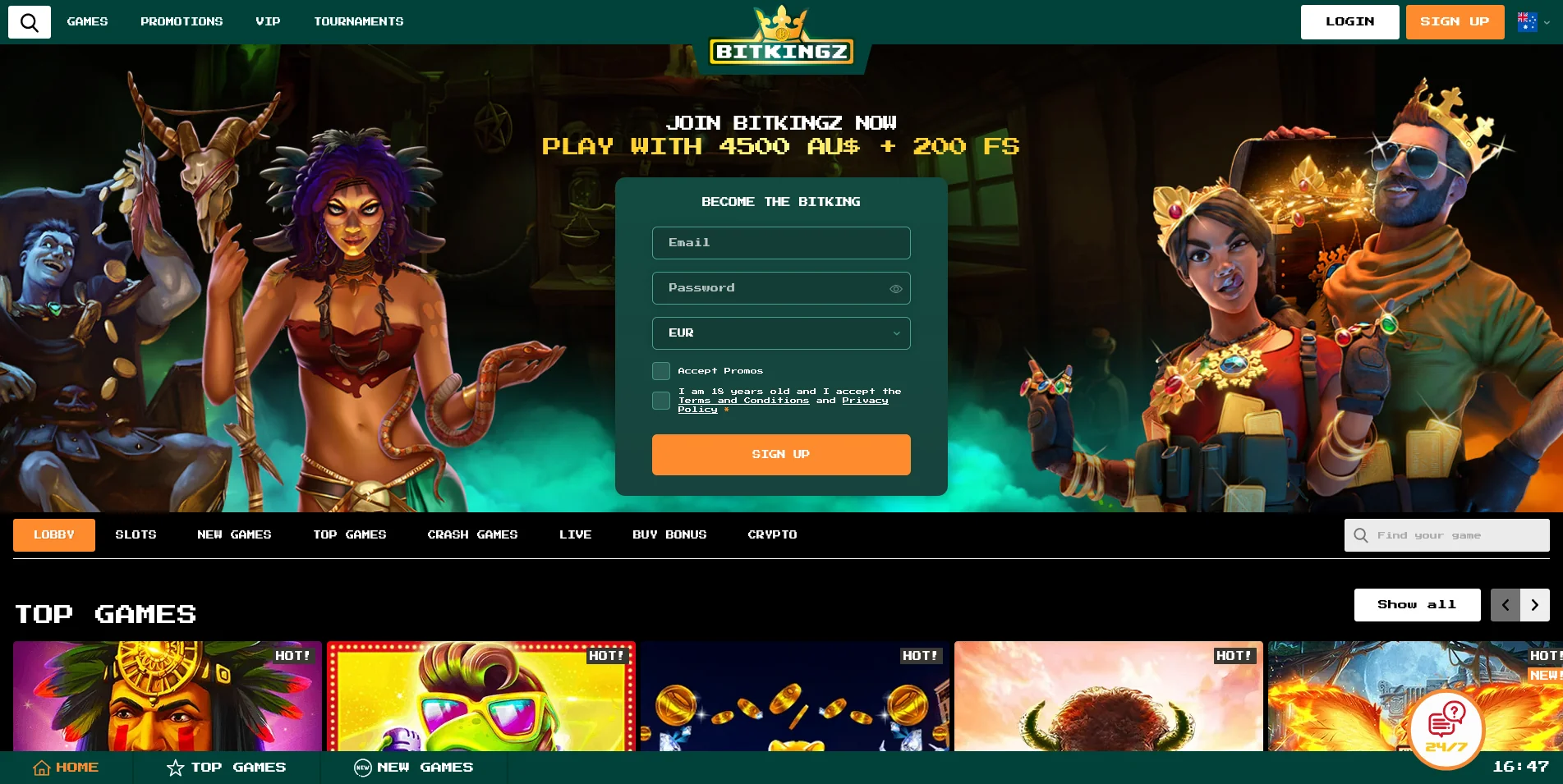 A glimpse at the Bitkingz Casino homepage layout