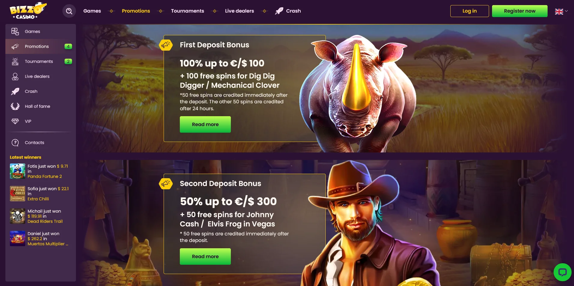 A glimpse into the Promotions Page at Bizzo Casino.