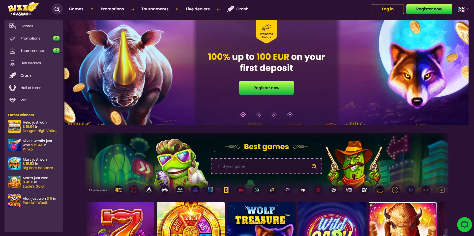An illustrative snapshot of the Bizzo Casino homepage.