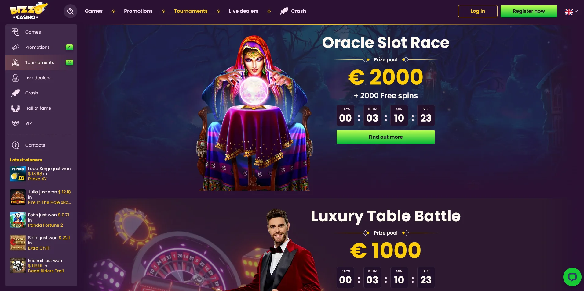 A visual of the Tournaments Page on Bizzo Casino.