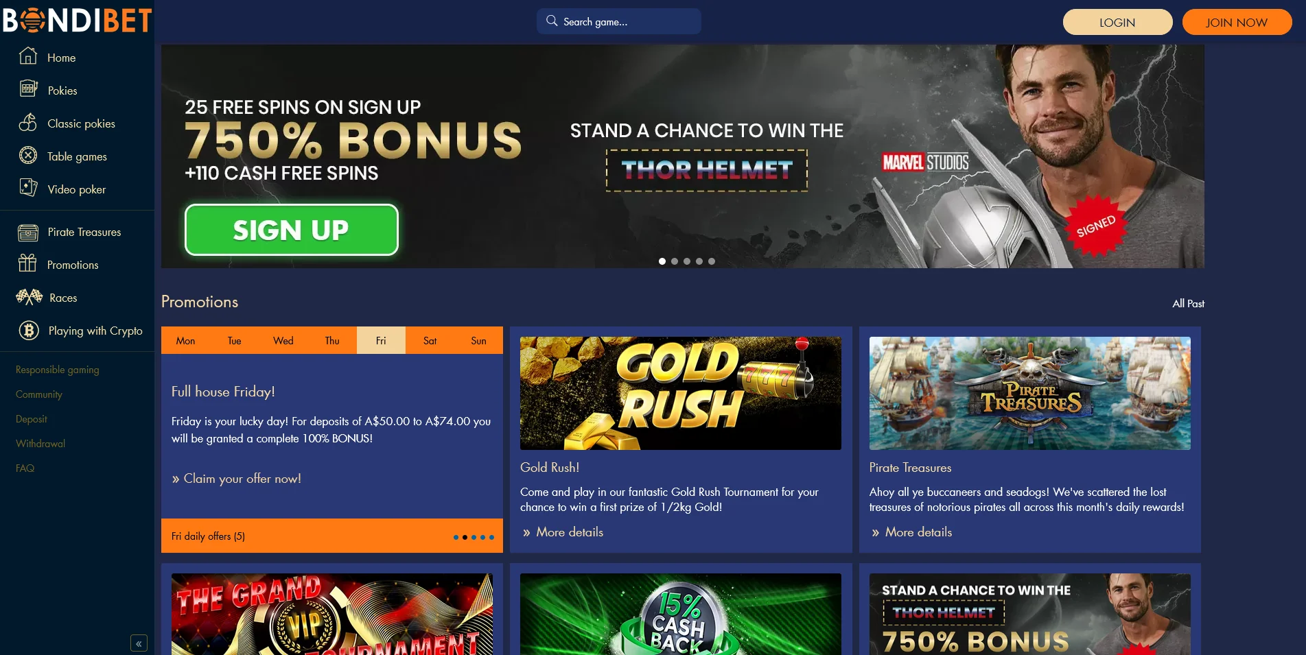 View of BondiBet Casino Bonuses Section