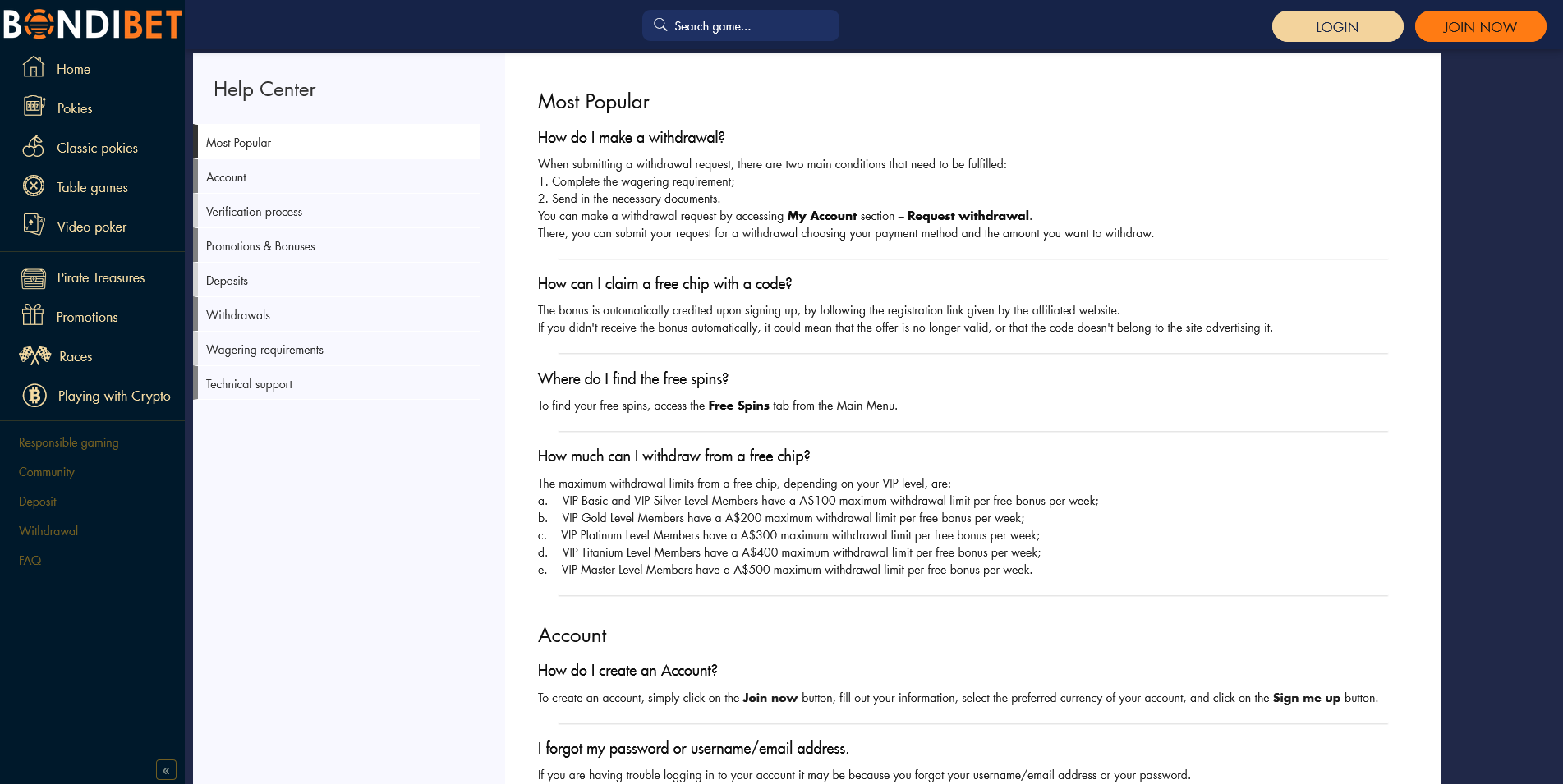 Screenshot of BondiBet Casino FAQ Section