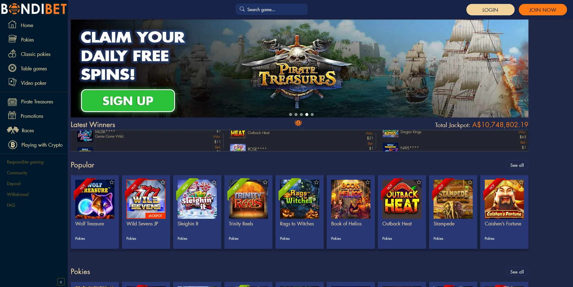 Snapshot of the BondiBet Casino Homepage