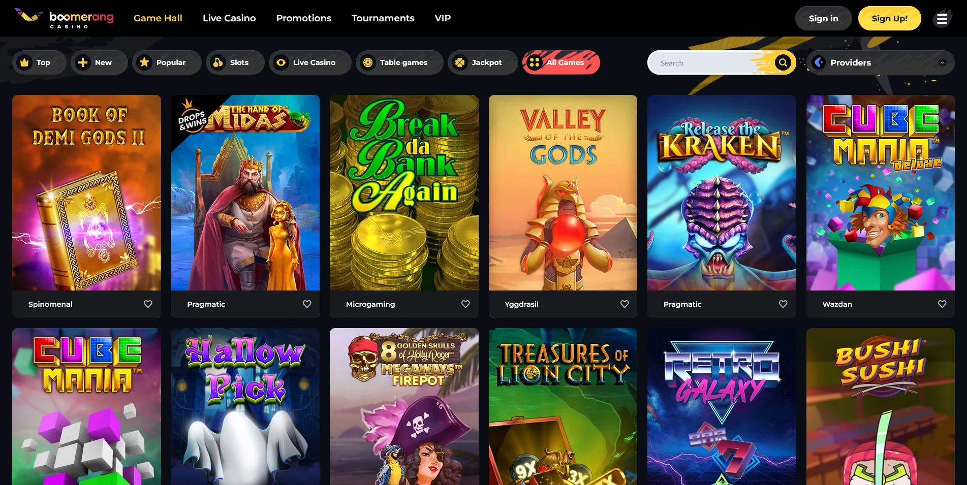 Real Money Slots showcase from Boomerang Casino