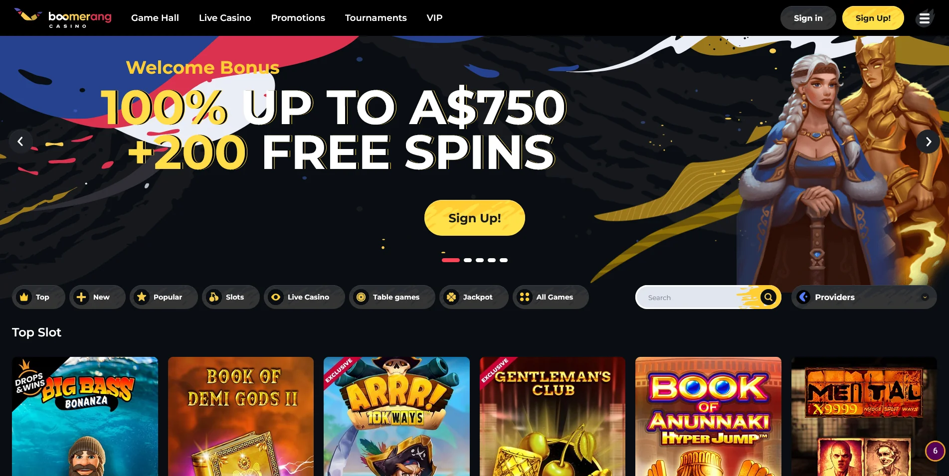 A look at Boomerang Casino's homepage screenshot