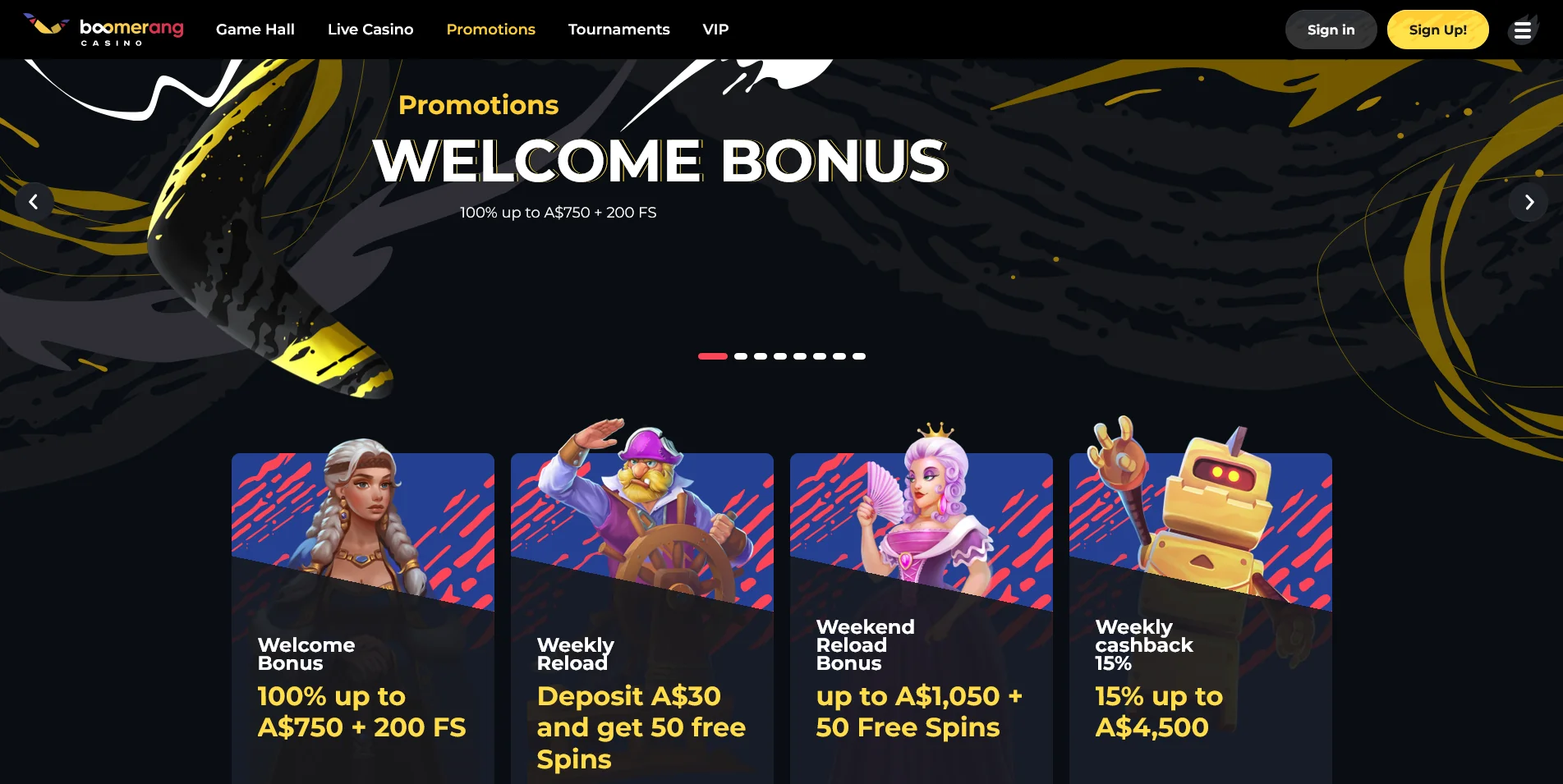 A glimpse into Boomerang Casino’s Bonuses page
