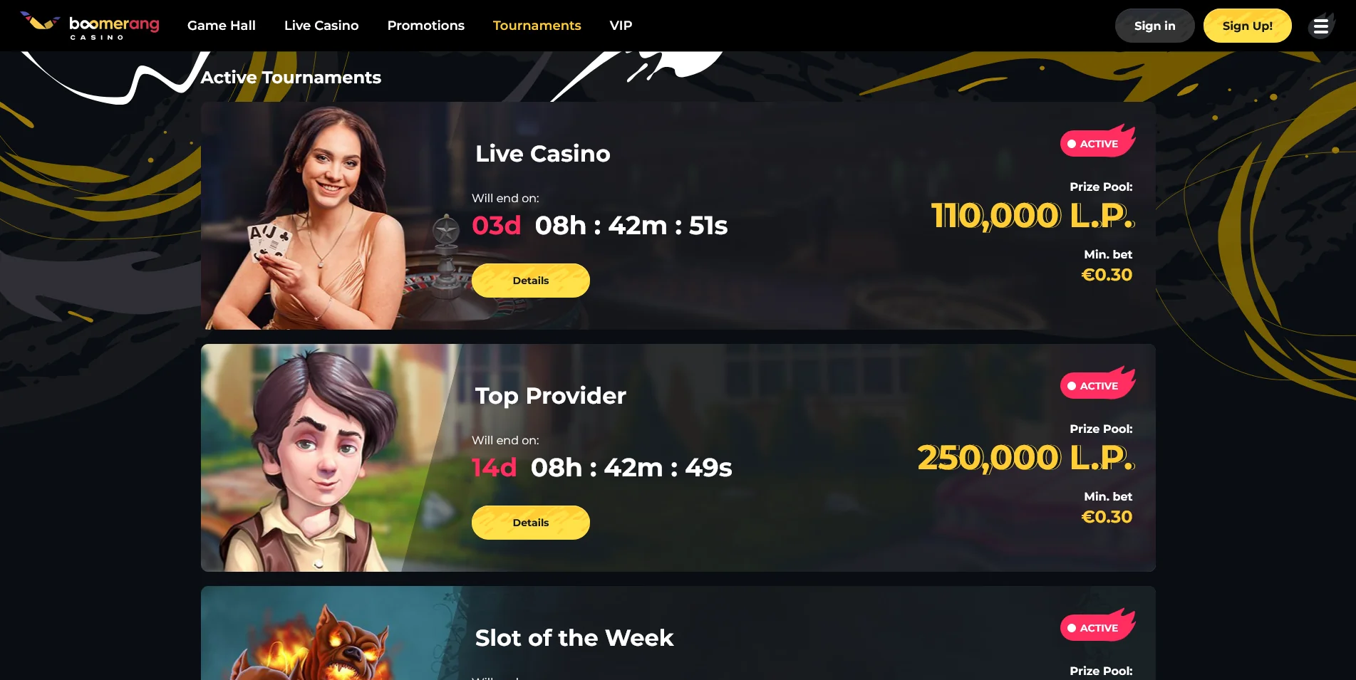 Tournament page snapshot at Boomerang Casino