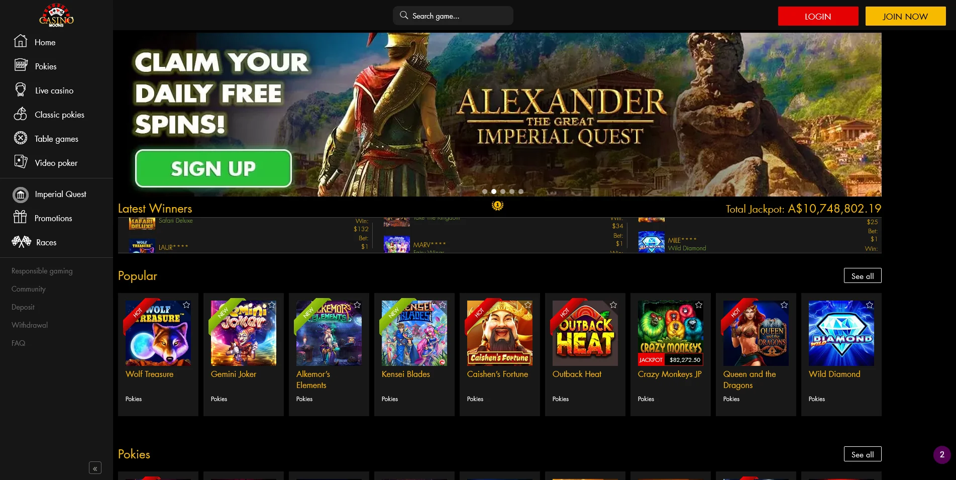 Glimpse the Homepage Design of Casino Moons