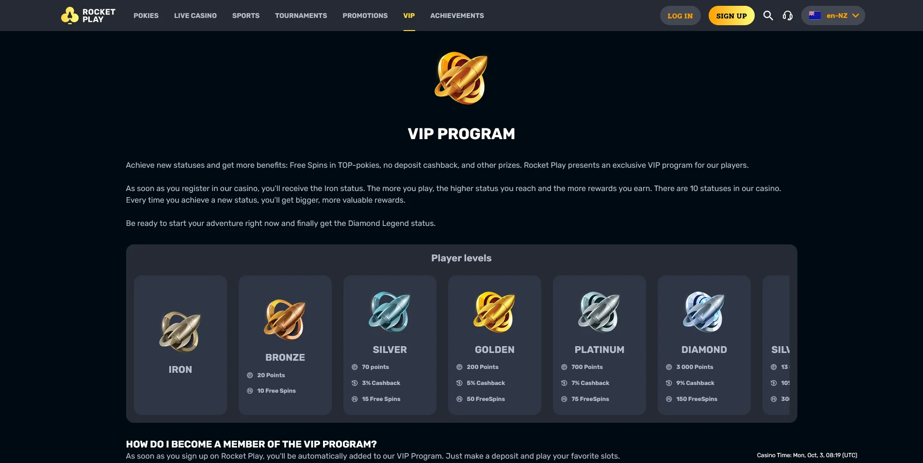 A glimpse of the VIP Program Info Page at RocketPlay Casino