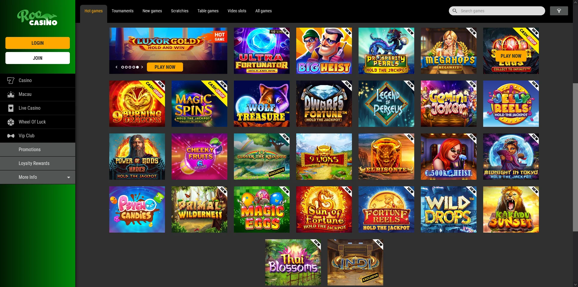 Check out the capture of Roo Casino's real money gaming lobby.