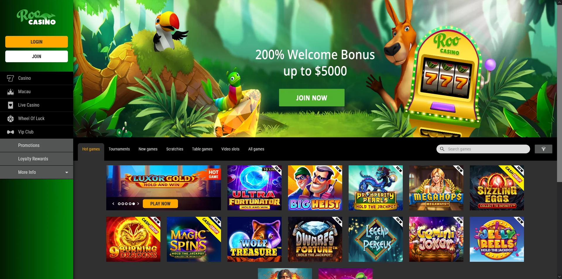 Explore the Roo Casino landing page through a carefully captured screenshot.