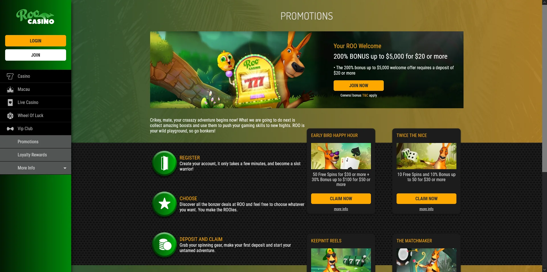 A glance at the Roo Casino promotions section through a snapshot.