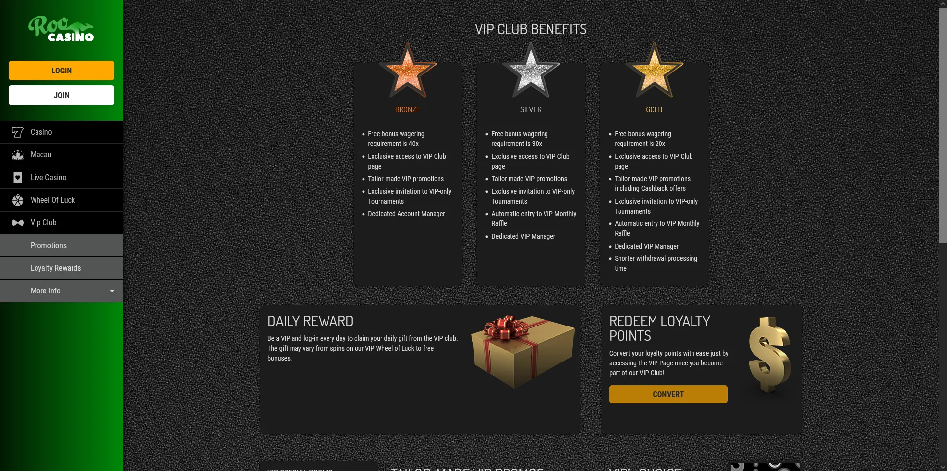 Discover insights in the screenshot of Roo Casino's VIP details page.