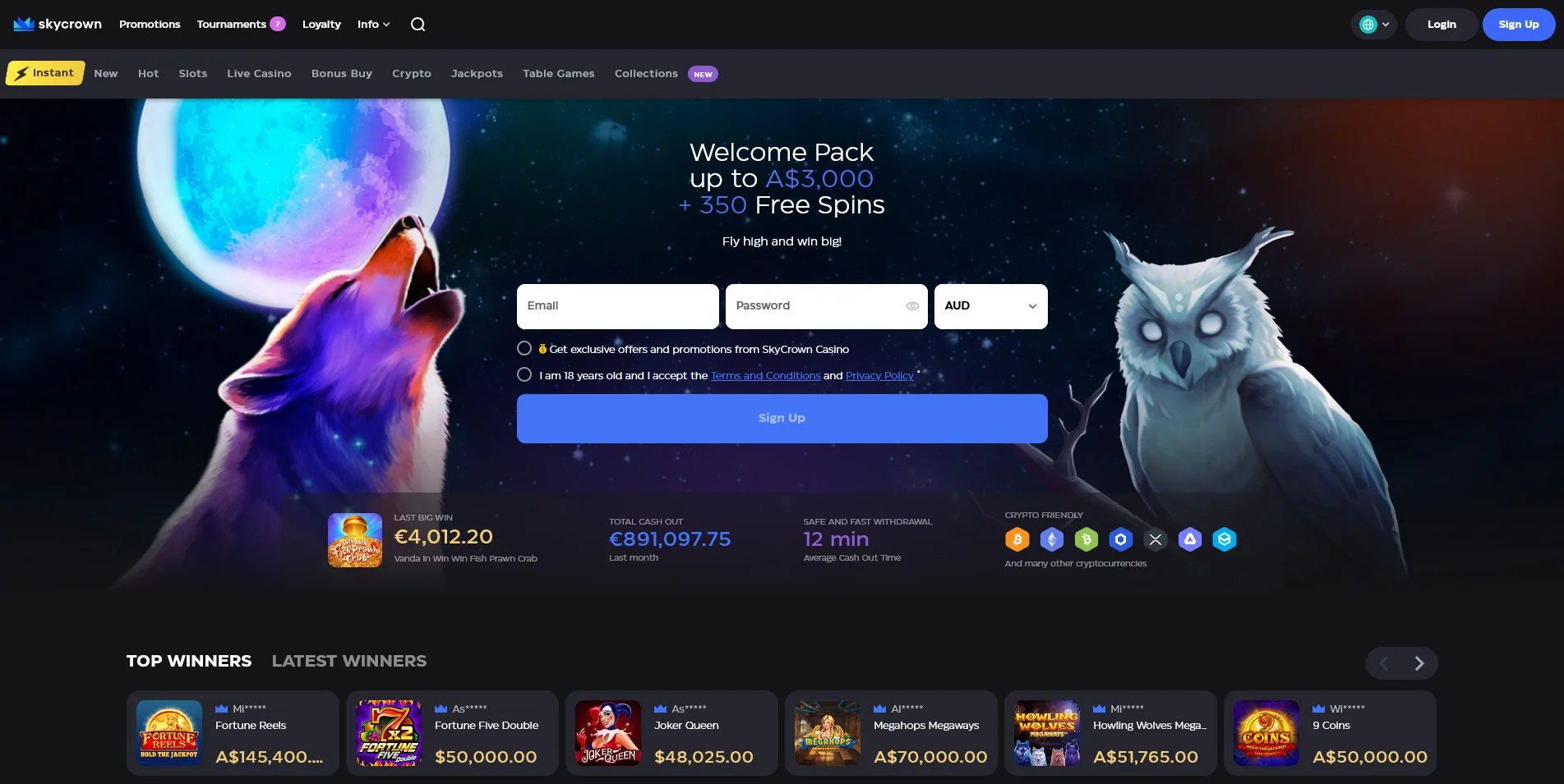 A glimpse into Skycrown Casino’s homepage