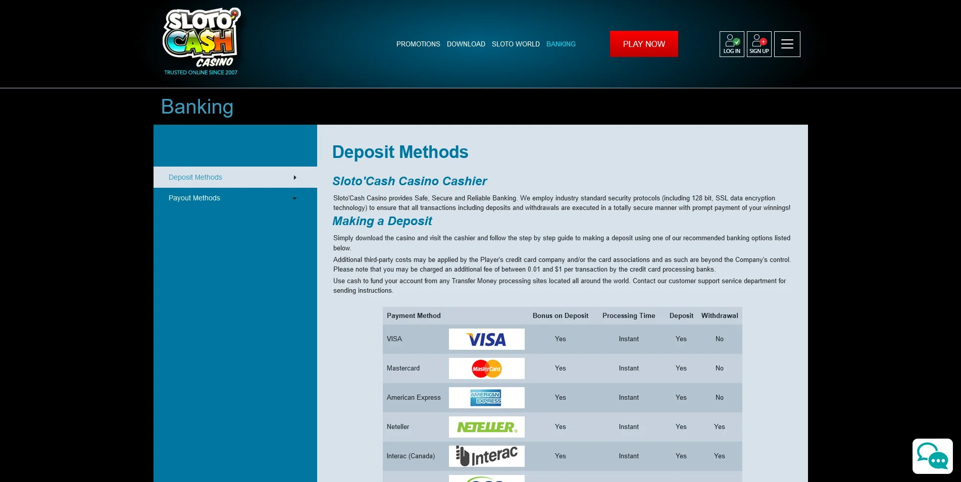 Snapshot of the Banking Information at SlotoCash Casino