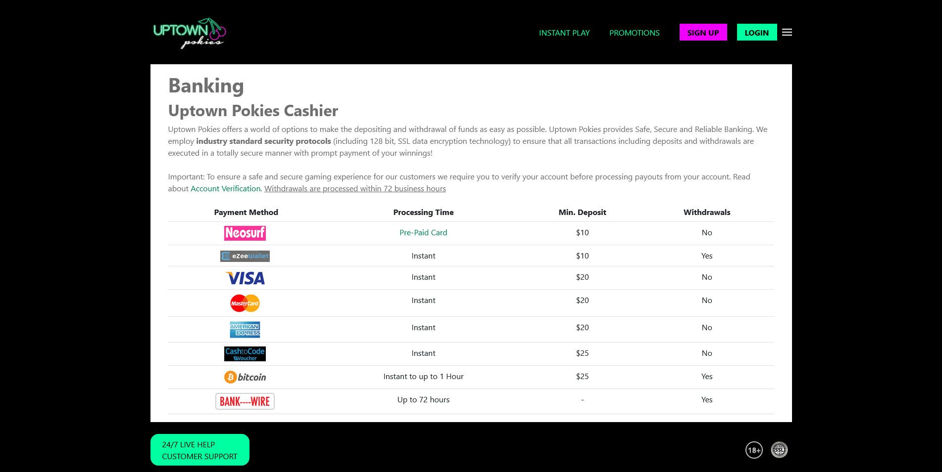 Snapshot: Uptown Pokies Casino Banking Methods Page