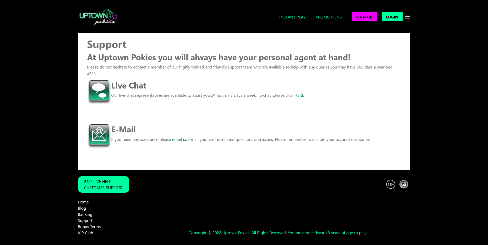 Snapshot: Contact Methods at Uptown Pokies Casino