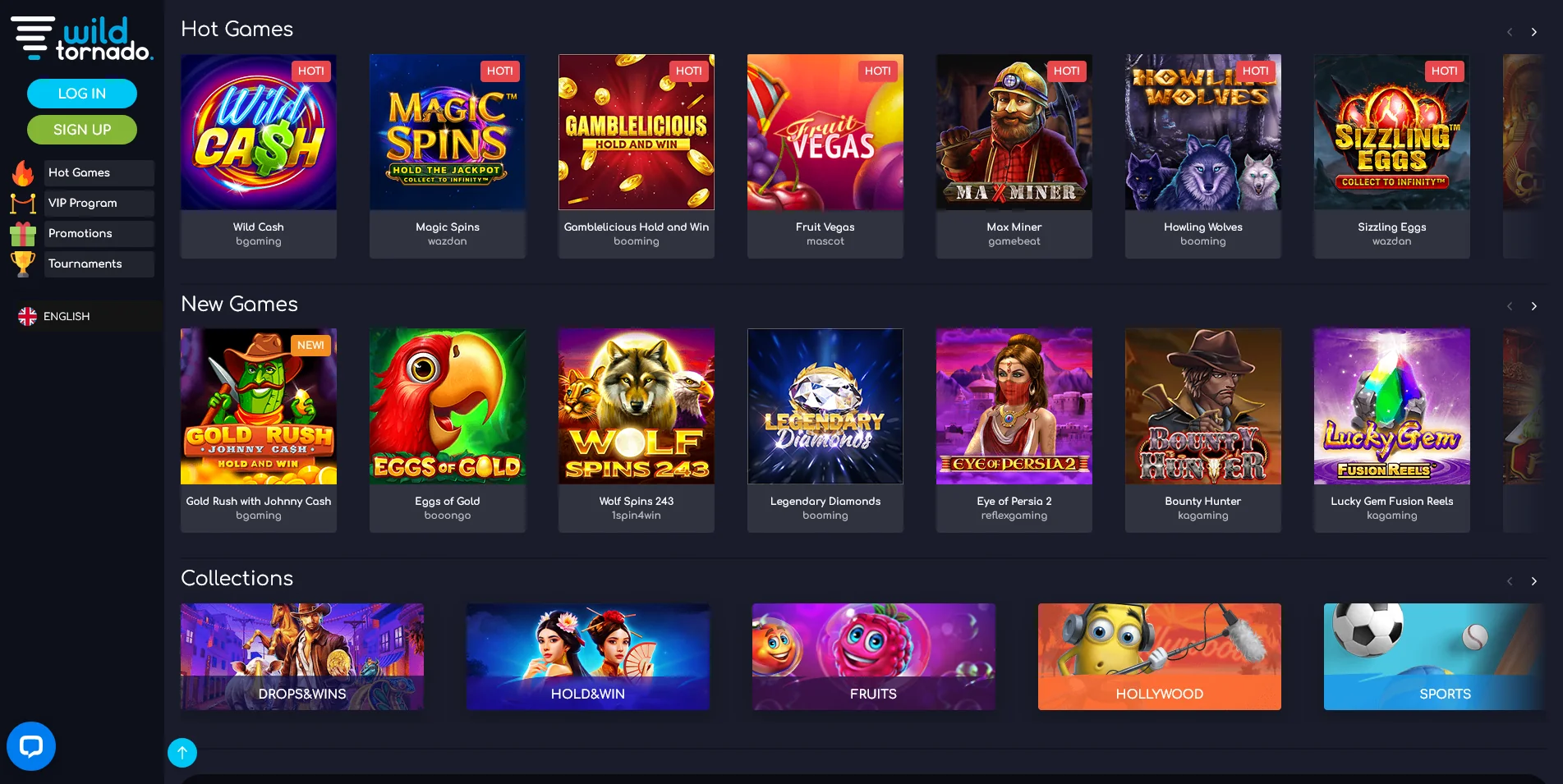 A glimpse at Wild Tornado's real money pokies section, highlighting the diverse range of slot games ready for play.
