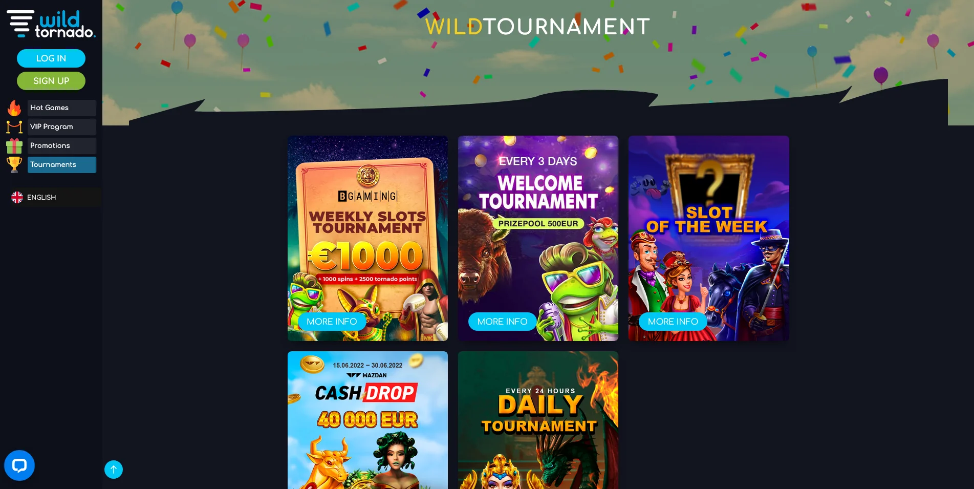 Explore the Tournaments page on Wild Tornado, where players can compete for fame and fortune.