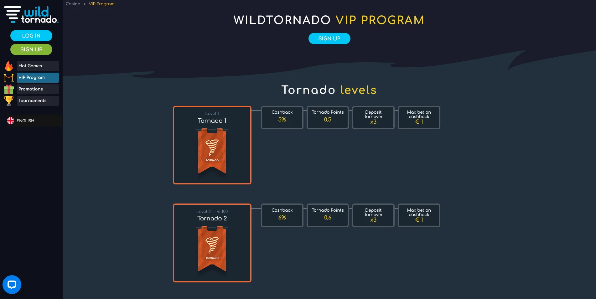 Navigate the VIP program at Wild Tornado, where loyalty is rewarded with exclusive perks.