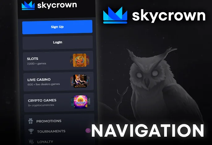 Aussies can seamlessly navigate game categories at Skycrown using quick links set against a sleek dark gray background.