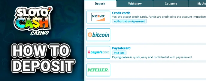 Detailed instructions for making deposits at SlotoCash casino.