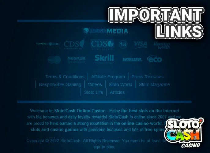 Important Links and Payment Method Logos at the Site's Bottom for SlotoCash Casino