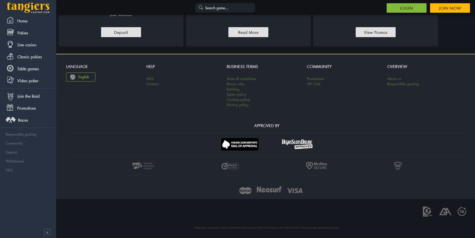 Visuals from the footer section on the Tangiers Casino website
