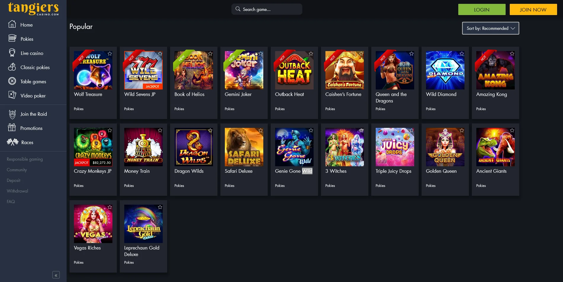 Depiction of the Games Page on Tangiers Casino's interface
