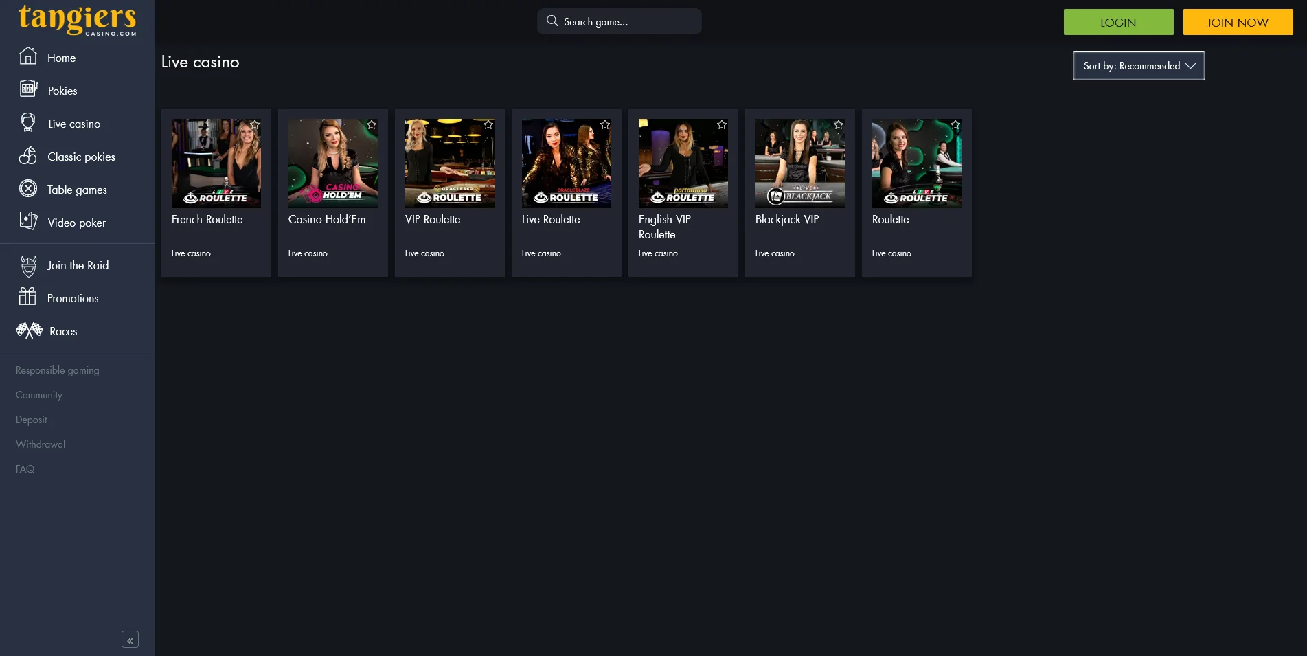 Snapshot of the Live Gaming Section found on Tangiers Casino