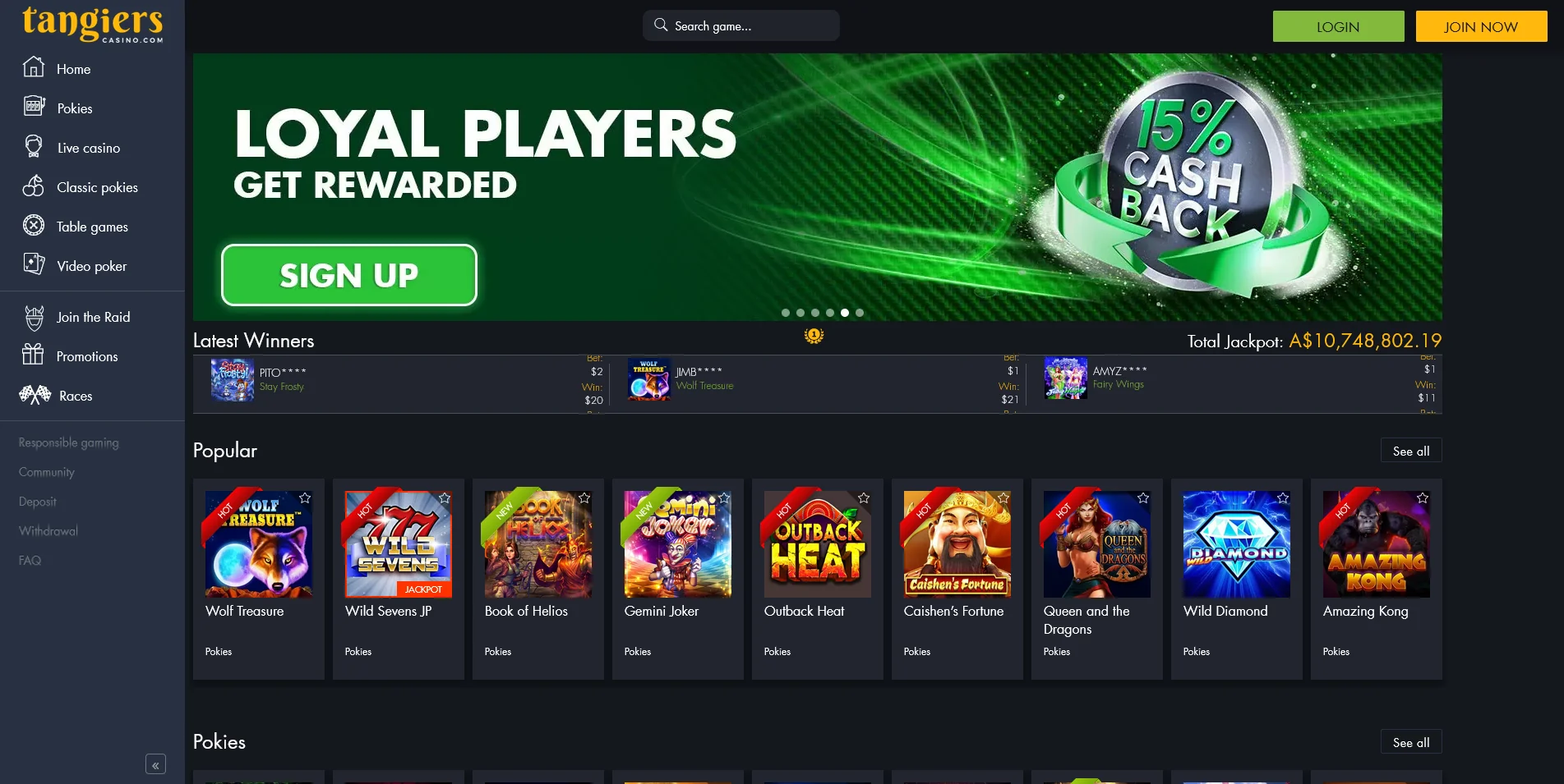 Homepage showcase of the Tangiers Casino site