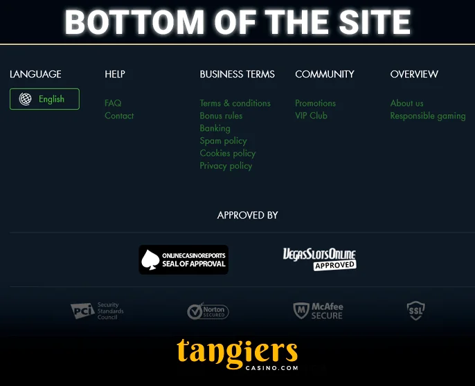 Bottom section of the Tangiers Casino site featuring valuable links and security badges.