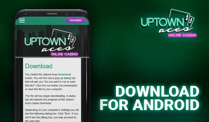 Exploring the Uptown Aces Casino download page for Android on a phone.