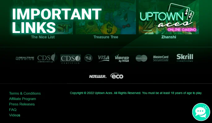 Crucial Links and Gaming Provider Logos at Uptown Aces Casino’s Footer