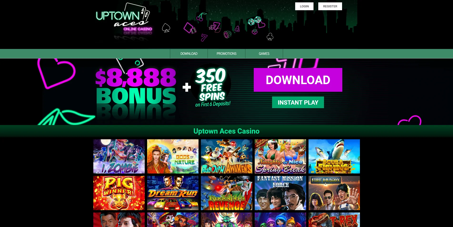 Snapshot of the Uptown Aces Casino Homepage