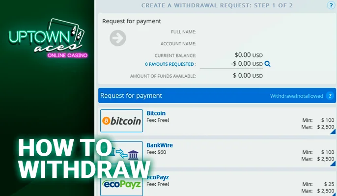 Form for withdrawals using payment services at Uptown Aces Casino.