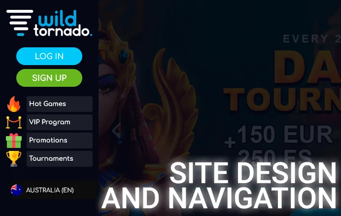 Main menu options detailed on the Wild Tornado website.
